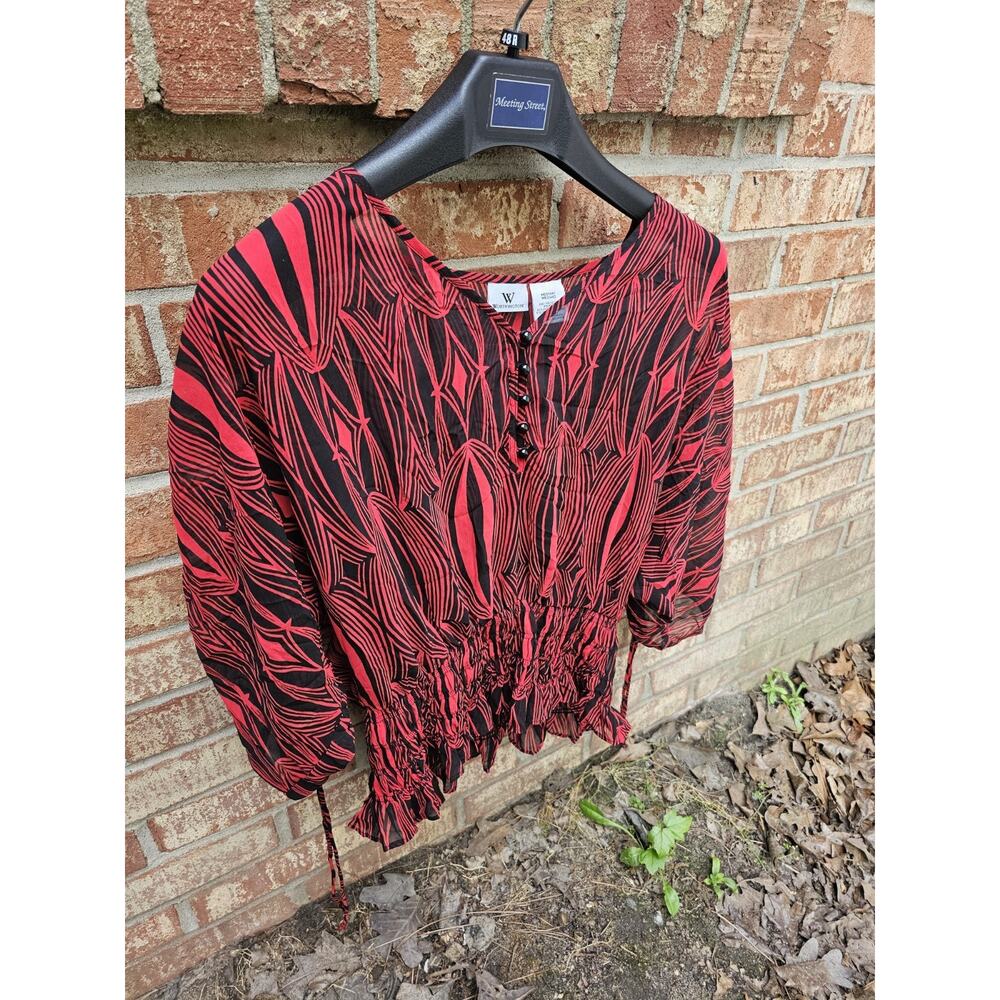 WORTHINGTON Size Medium Sheer Geometric Smocked Waist Peplum Blouse V-Neck Artsy